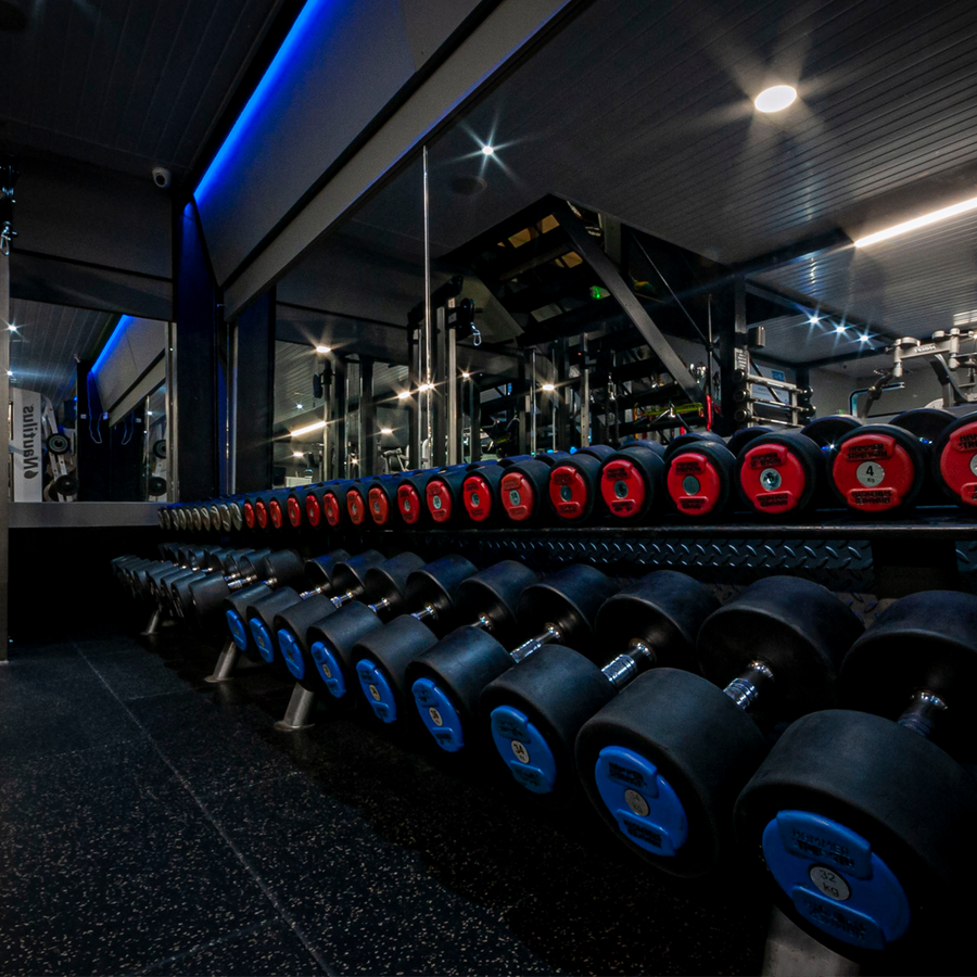 Full rack of Hammer Strength dumbbells from 2kg to 60kg at Mas Body Gym Middlesbrough