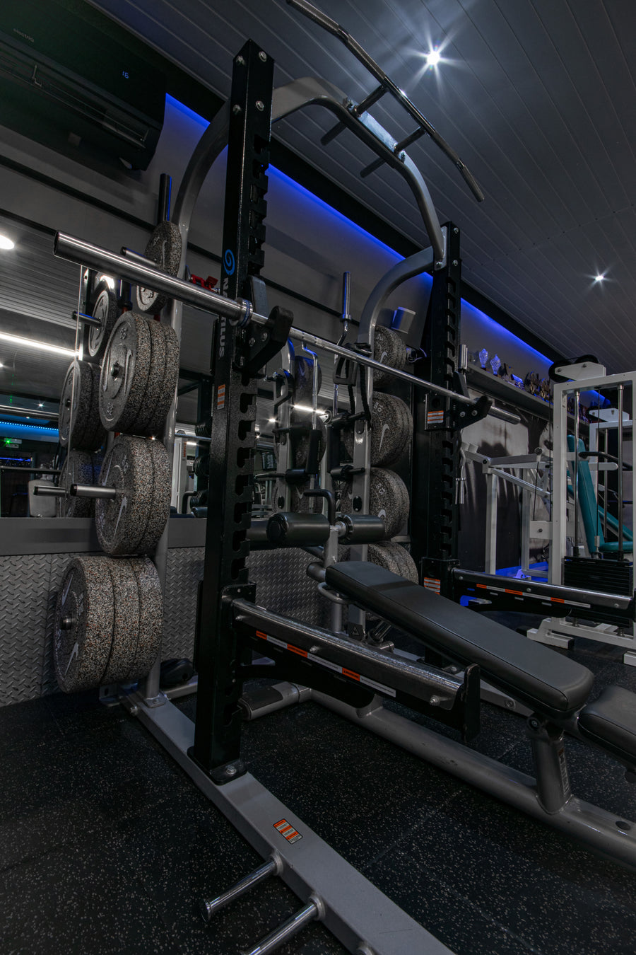 Olympic barbell loaded at the Nautilus squat rack, Mas Body Gym Middlesbrough